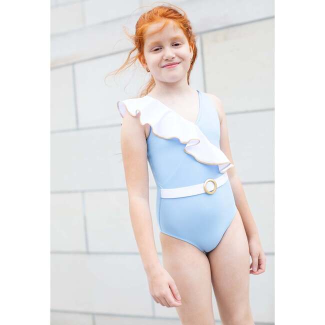 Asymmetric Ruffle Gold Piping and Ring Buckle One Piece Swimsuit - One Pieces - 3