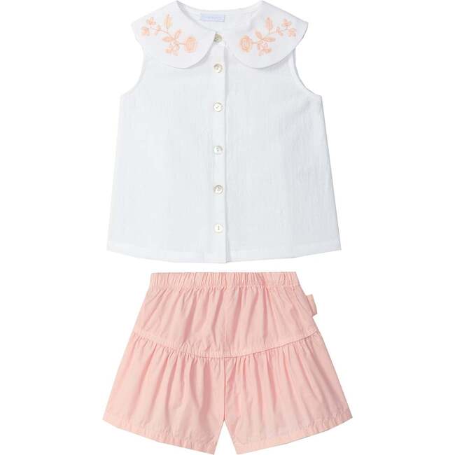 LARANJINHA Embroidered Blouse Shorts Set, Pink & White