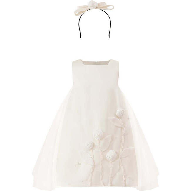 Satin Dress with Floral Accent, White