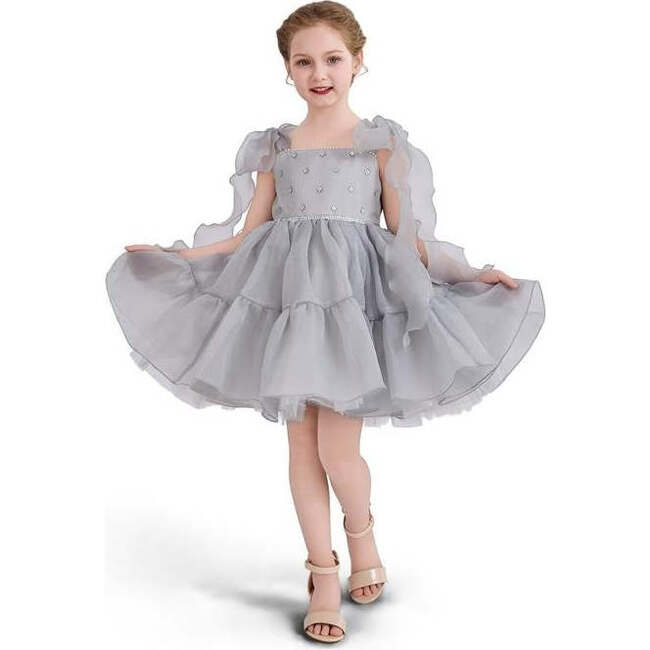 Ruffled Party Dress, Light Grey - Dresses - 5