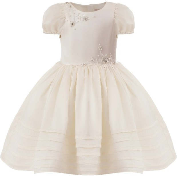 Floral-Embroidered Pleated Dress, Ivory