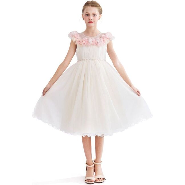 Dress with Pink Petal Trim, White