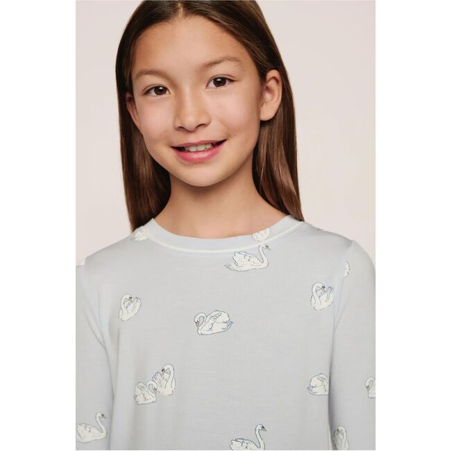 Kids Printed TENCEL™ Modal Unisex Long PJ Set, LARGE SWANS ICE BLUE/IVORY