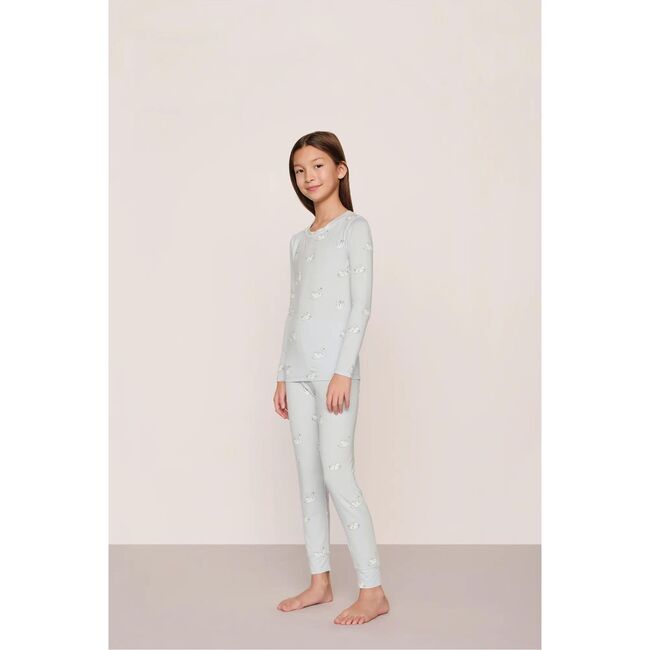 Kids Printed TENCEL™ Modal Unisex Long PJ Set, LARGE SWANS ICE BLUE/IVORY