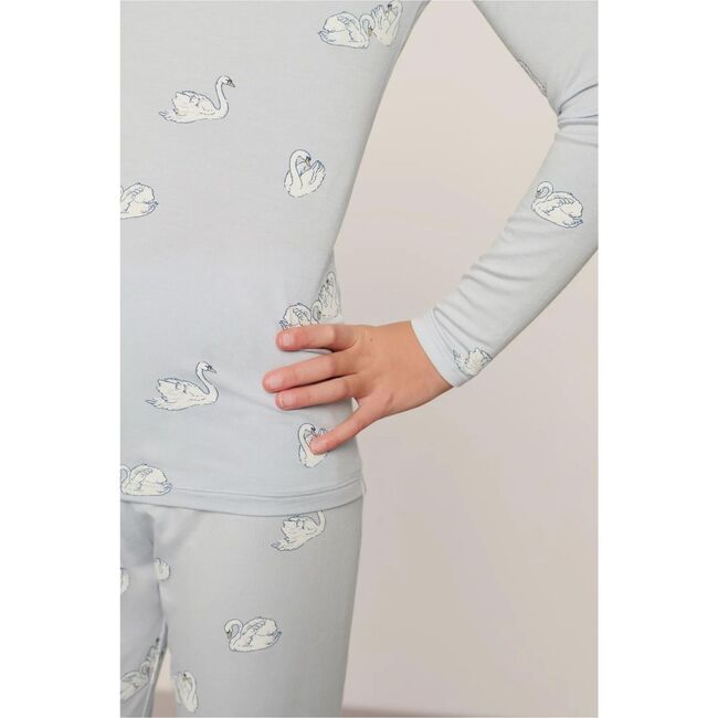 Kids Printed TENCEL™ Modal Unisex Long PJ Set, LARGE SWANS ICE BLUE/IVORY - Pajamas - 4