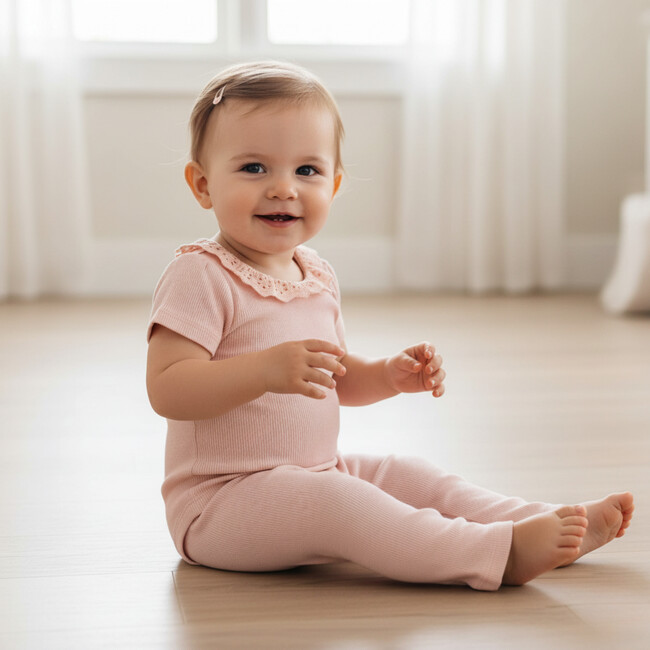 Organic Lace Collar Onesie & Tights Set, Blush