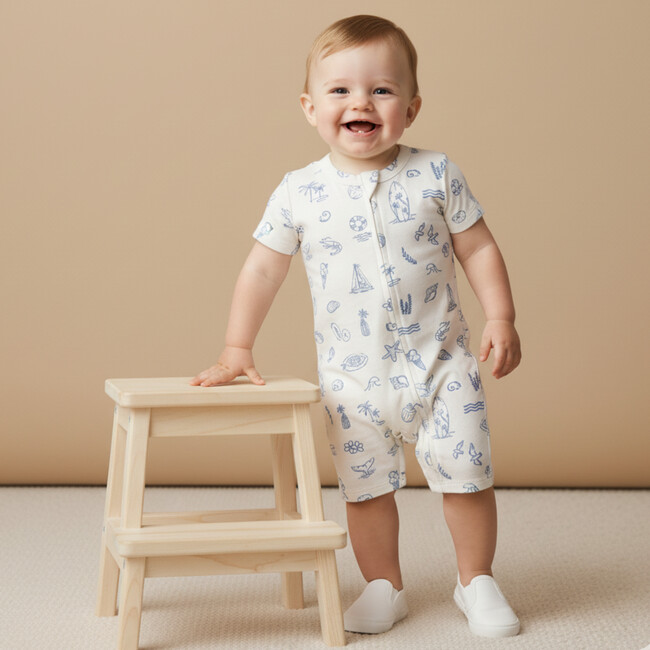 Organic Short Zip Romper, Coastal
