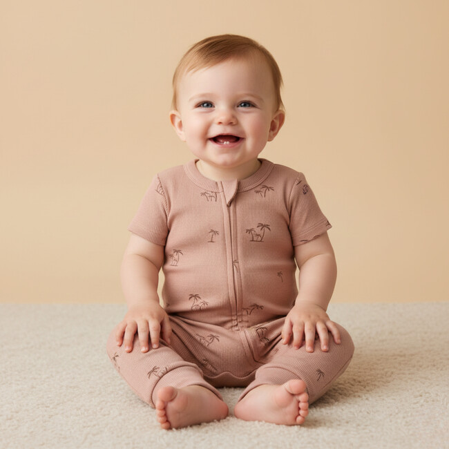 Organic Short Sleeve Zip Romper, Island Palm