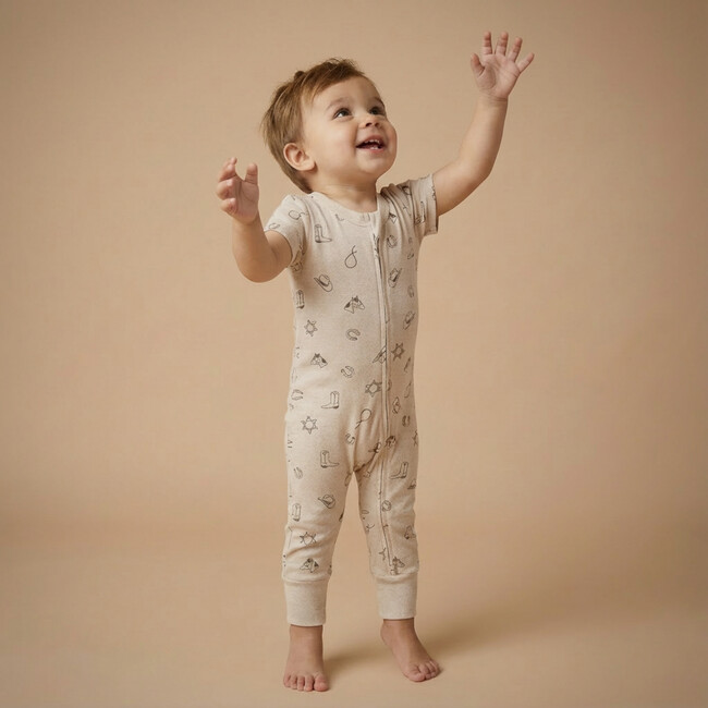 Organic Short Sleeve Zip Romper, Rodeo - Rompers - 3