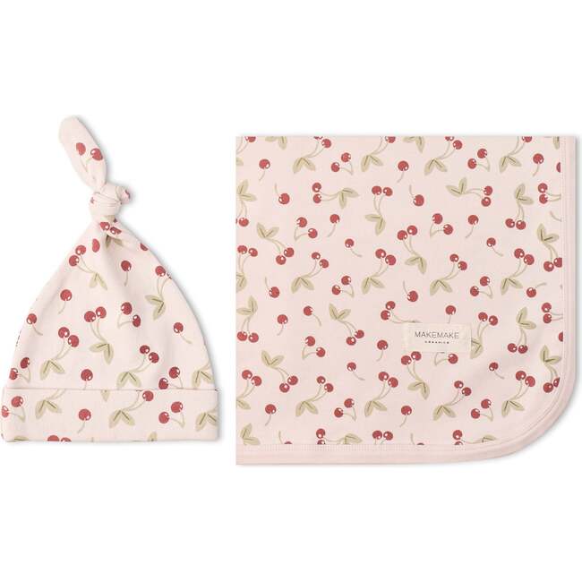 Organic Swaddle Blanket & Hat Set, Cherry