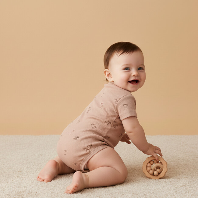 Organic Short Sleeve Bubble Romper, Island Palm