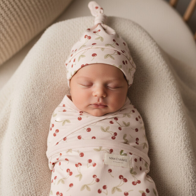 Organic Swaddle Blanket & Hat Set, Cherry