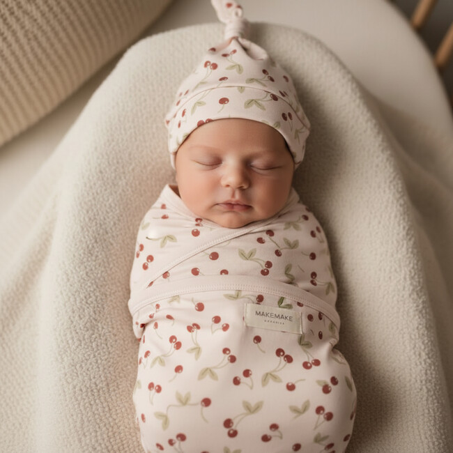 Organic Swaddle Blanket & Hat Set, Cherry - Swaddles - 3