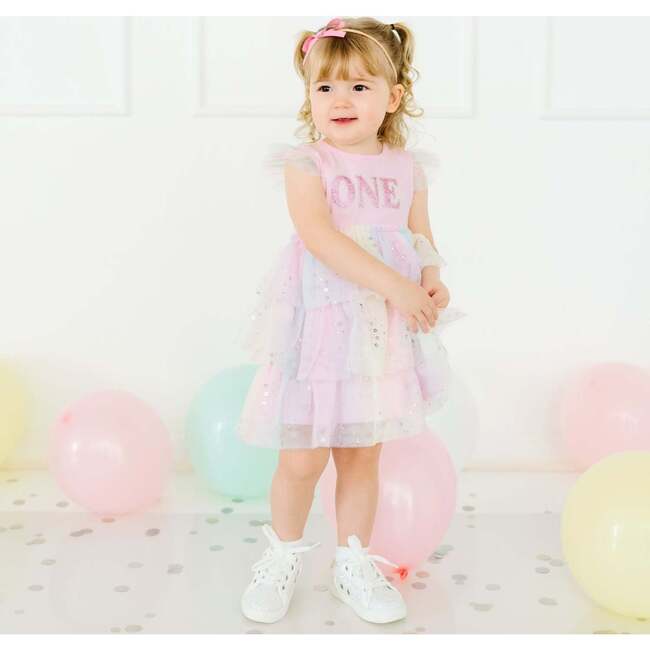 First Birthday Girl Fairy Dust Short Sleeve Tutu Dress, Pink