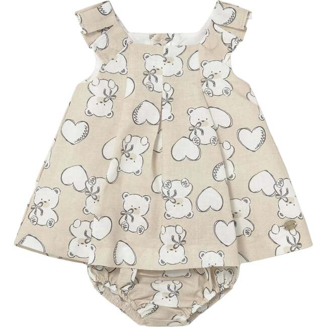 Teddy Bear Print Dress with Nappy Cover, Beige