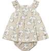 Teddy Bear Print Dress with Nappy Cover, Beige - Dresses - 1 - thumbnail
