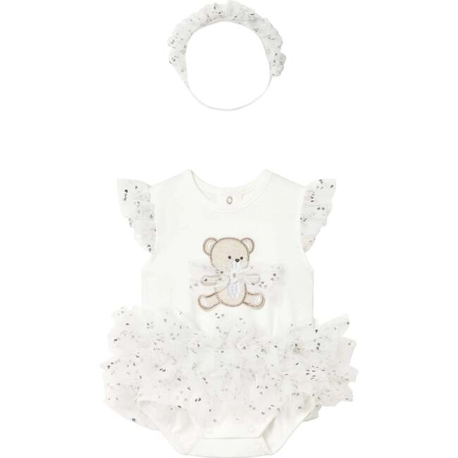 Ruffled Romper with Tulle Skirt and Headband, Ivory