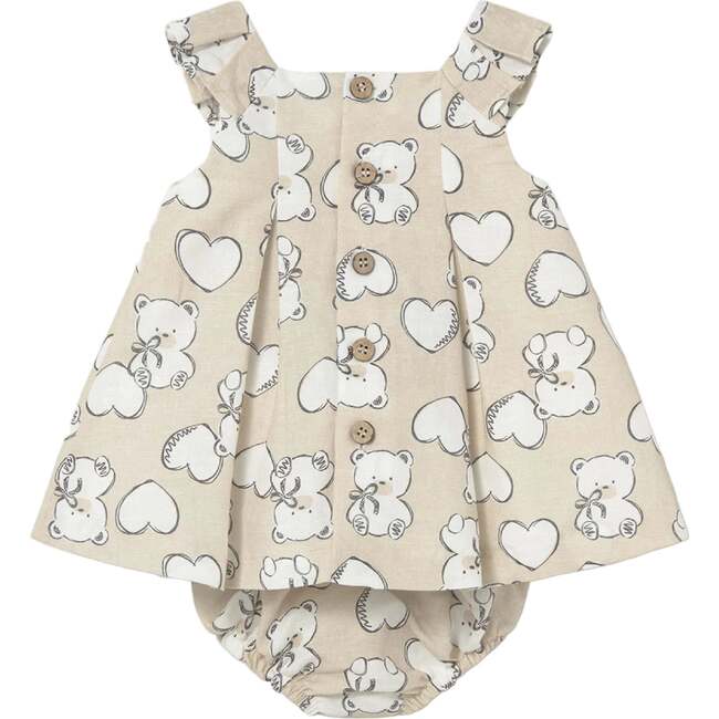Teddy Bear Print Dress with Nappy Cover, Beige