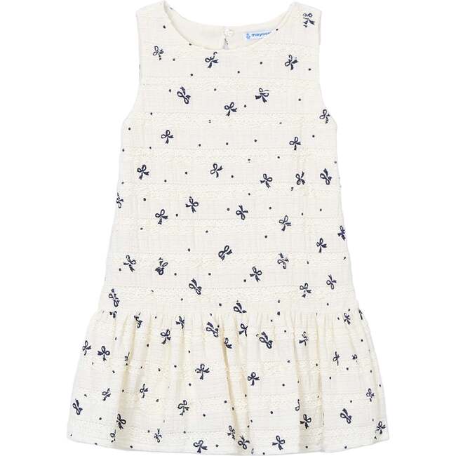 Bow-Pattern Drop-Waist Dress, White