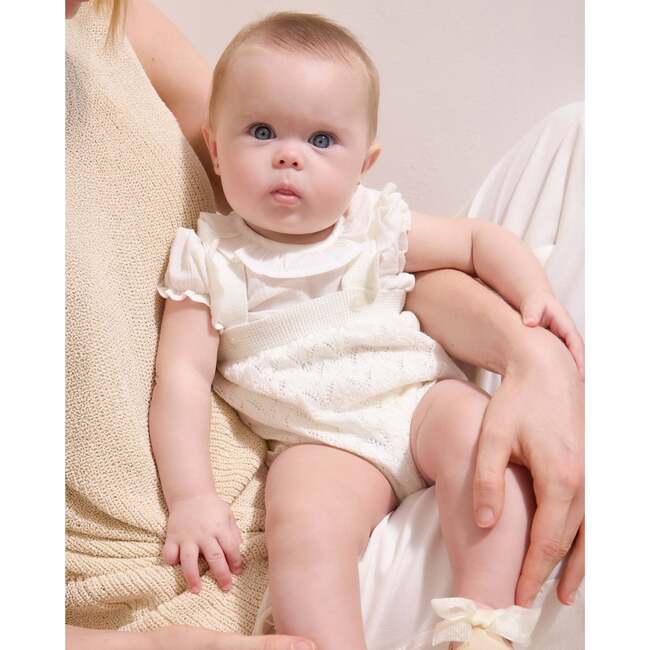 Knitted Baby Romper with Puff Sleeves, White - Rompers - 4