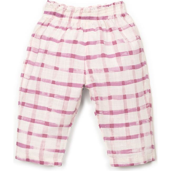 Window Pane Print Woven Pants, Ivory and Bubblegum