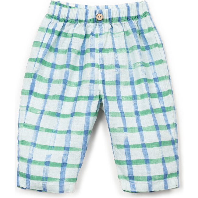 Window Pane Print Woven Pants, Blue and Green
