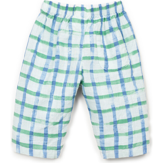 Window Pane Print Woven Pants, Blue and Green