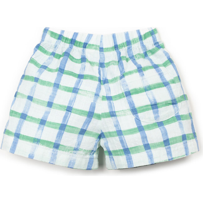 Window Pane Print Woven Shorts, Blue and Green