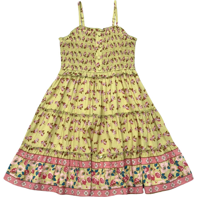 Smock Button Front Tiered Dress Rose Border