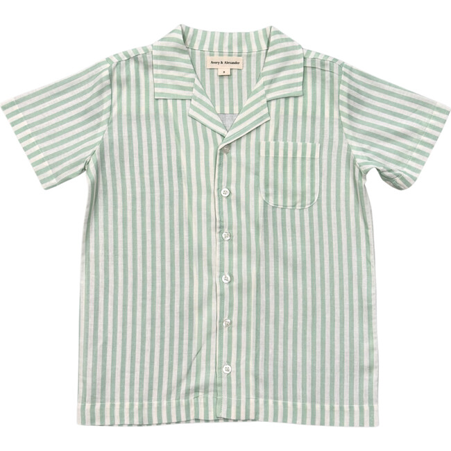 Boy's Linen Button Top Aqua Island Mini Stripe