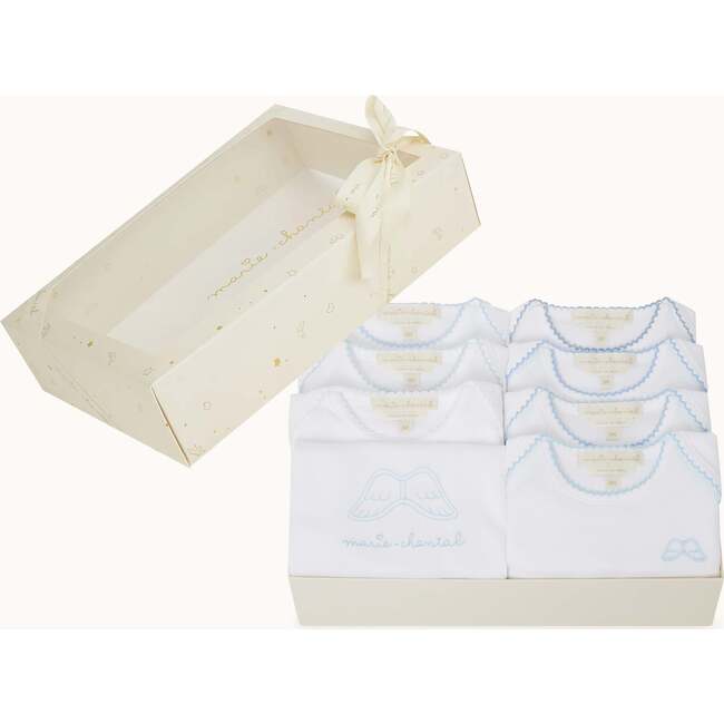 Set of 7 Angel Wing Picot Short Sleeve Onesies, Blue Fade