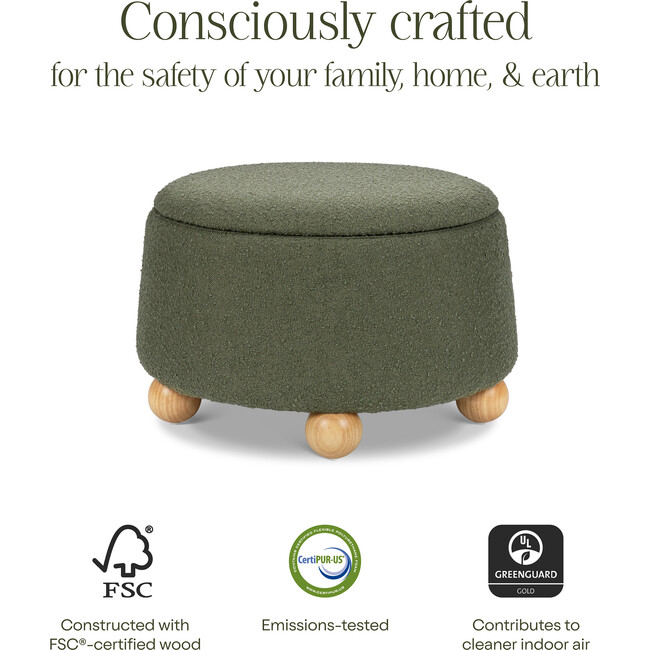 Tuffet Storage Ottoman in Performance Olive Boucle with Honey Ball Feet - Ottomans - 7