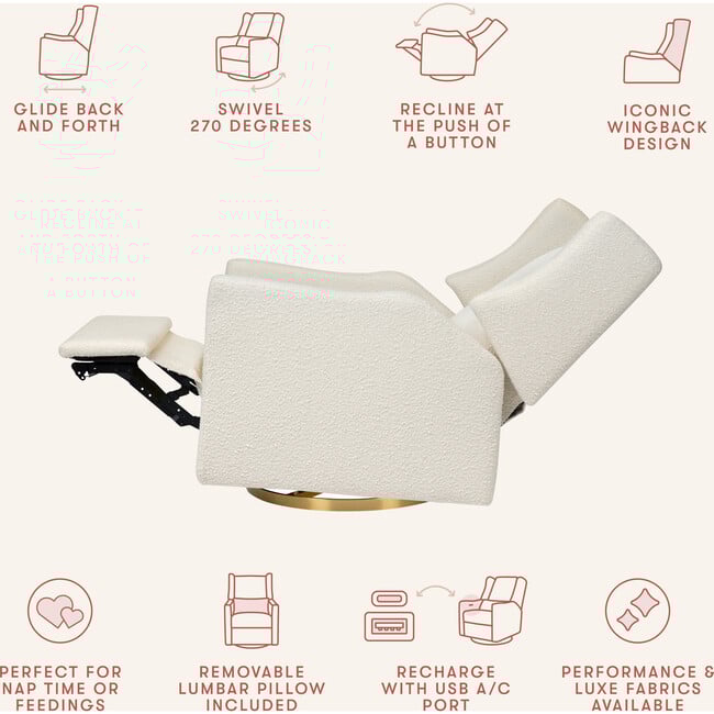 Kiwi Electronic Recliner & Swivel Glider with USB Port, Ivory Boucle/Gold - Nursery Chairs - 4
