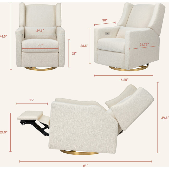 Kiwi Electronic Recliner & Swivel Glider with USB Port, Ivory Boucle/Gold - Nursery Chairs - 6