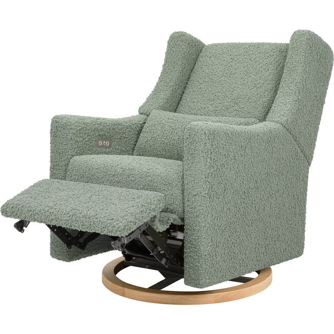 Kiwi Electronic Recliner and Swivel Glider with USB port in Sage Teddy Loop with Light Wood Base