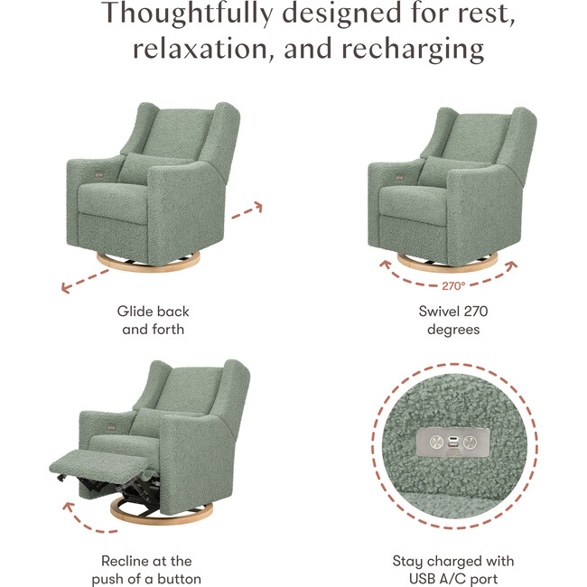 Kiwi Electronic Recliner and Swivel Glider with USB port in Sage Teddy Loop with Light Wood Base - Glider - 3