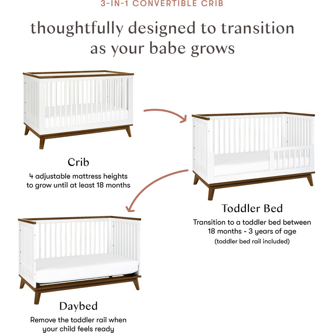 Scoot 3-in-1 Convertible Crib with Toddler Bed Conversion Kit, White / Natural Walnut - Cribs - 9