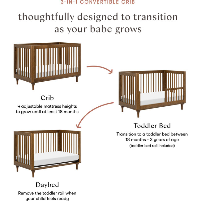 Lolly 3-In-1 Convertible Crib With Toddler Bed Conversion Kit, Natural Walnut