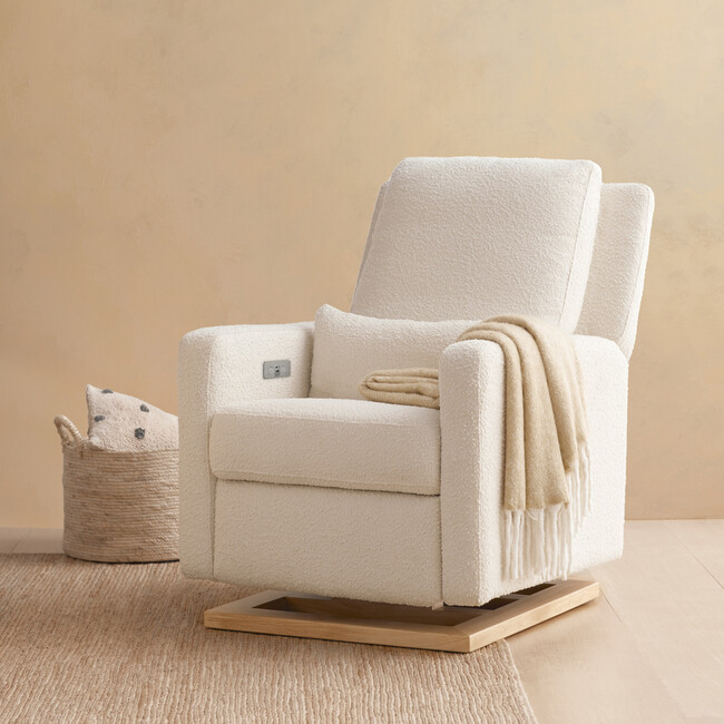 Sigi Electronic Recliner & Glider With USB Port, Ivory Boucle & Light Wood Base