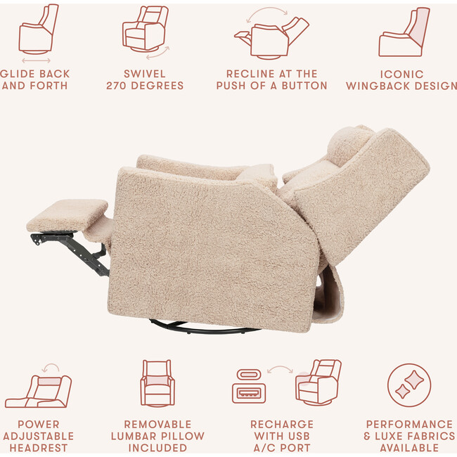 Kiwi Plus Power Recliner and Swivel Glider with Power Adjustable Headrest and USB Port in Chai Shearling - Glider - 9