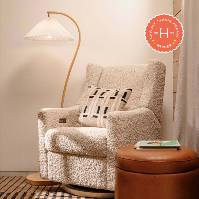 Kiwi Electronic Recliner & Swivel Glider With USB Port, Almond Teddy Loop & Light Wood Base