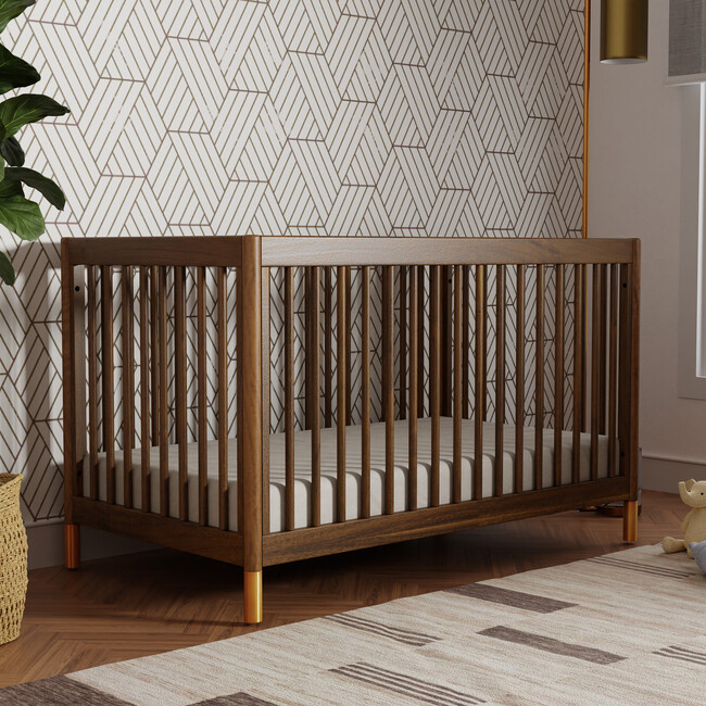 Gelato 4-in-1 Convertible Crib with Toddler Bed Conversion Kit, Natural Walnut & Gold Feet