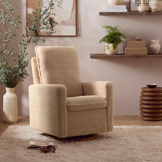 Cali Pillowback Shearling Swivel Glider, Chai & Dark Wood Base