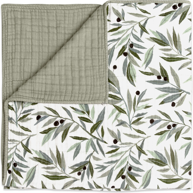 Organic Muslin Cotton 3-Layer Quilt, Olive Branches