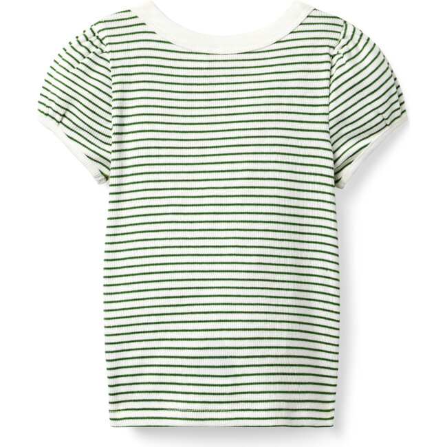 Striped Ribbed Puff Sleeve Top, Green - T-Shirts - 3