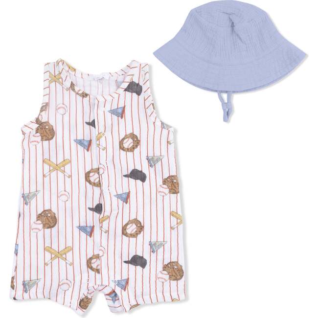 Vintage Baseball Stripe , Muslin Sleeveless Shortie Romper with Bucket Hat