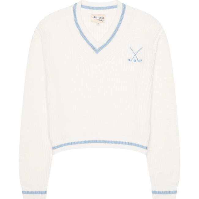 Women's Golf Club Varsity V-Neck Tennis Sweater, Ivory & Blue
