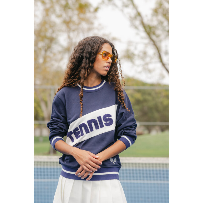 Women's Retro Block Tennis Crew Neck Ribbed Cuff Sweatshirt, Navy