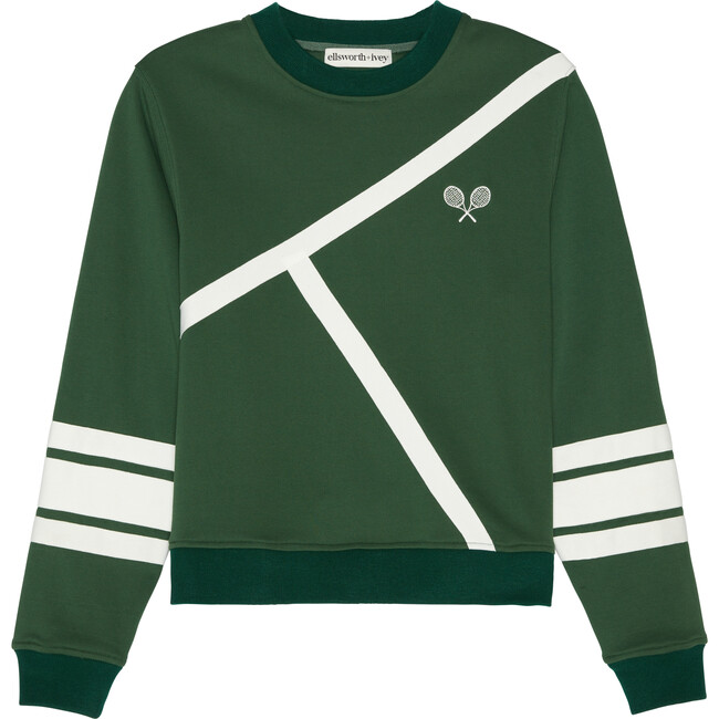 Women's Tennis Lines Crew Neck Ribbed Cuff Sweatshirt, Green