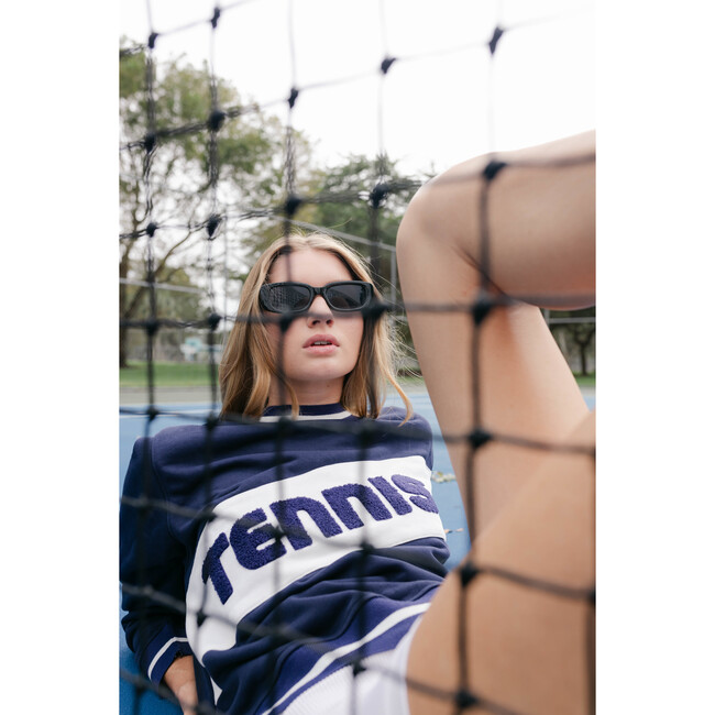 Women's Retro Block Tennis Crew Neck Ribbed Cuff Sweatshirt, Navy